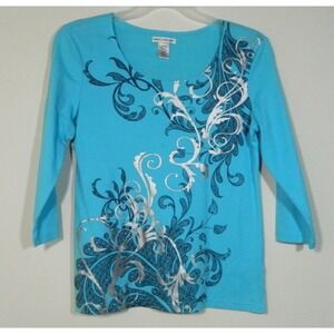 Rebecca Malone MEDIUM  Blue Swirl  3/4 Sleeve Knit Top
